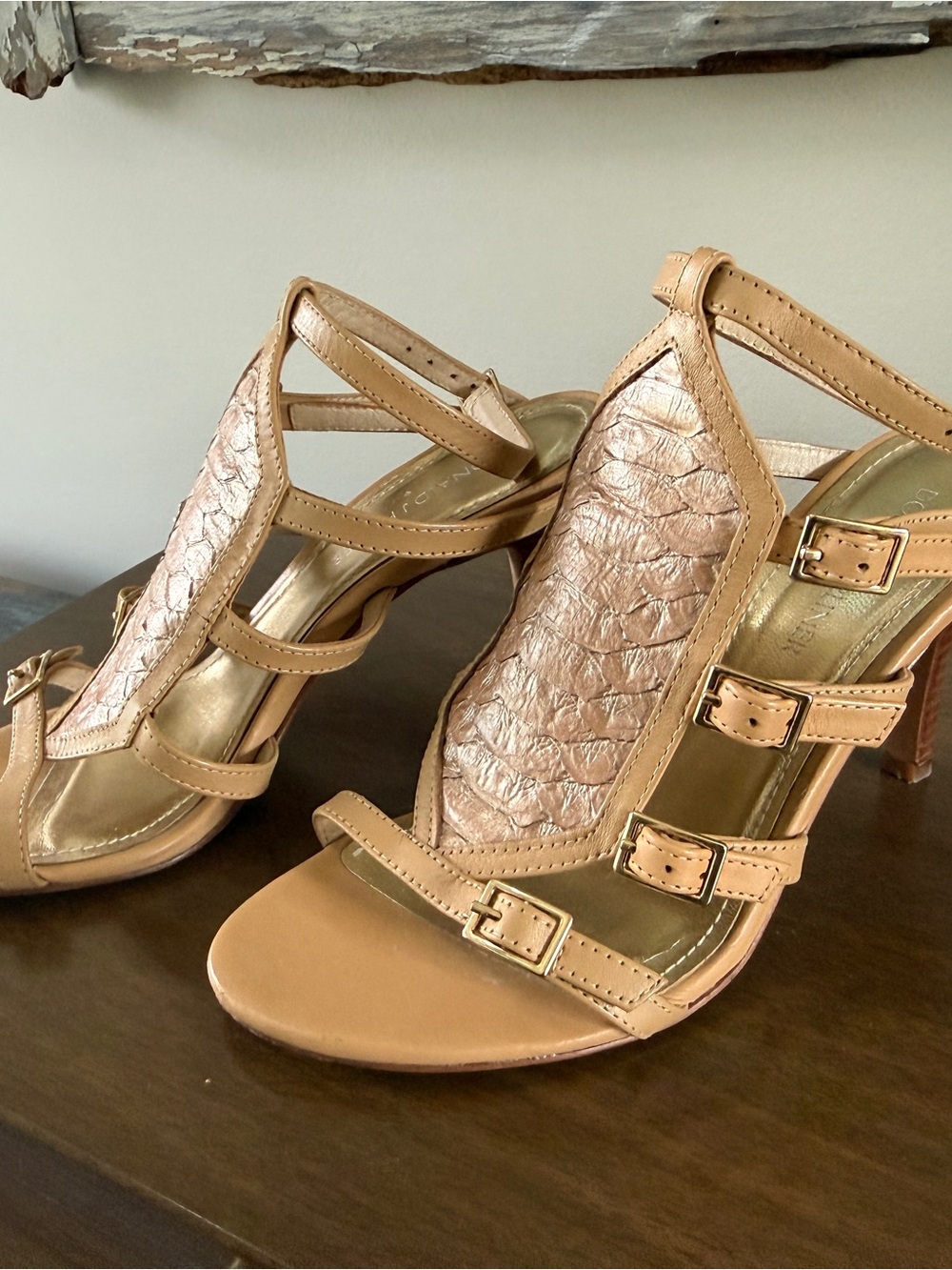 Donald J. Pliner Tan and Metallic Rose Gold Strappy Heels like new sz7
